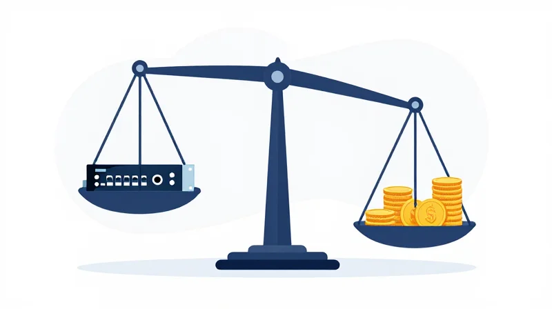 Flat vector illustration of a scale balancing high-performance optical modules against long-term cost savings.