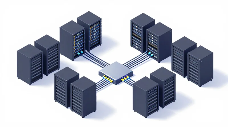 Isometric 3D illustration of different server units connecting seamlessly to a central network hub.