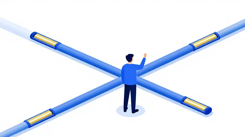 Flat vector illustration of a person choosing between different fiber optic paths representing strategic selection.