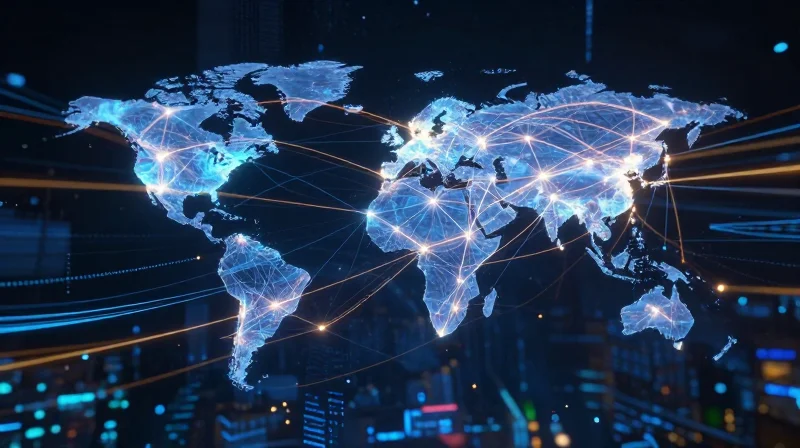 Abstract representation of a global high-speed fiber optic network with glowing data streams.