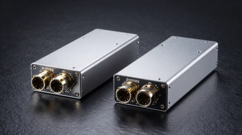 Side-by-side professional studio shot of two high-performance optical transceiver modules.