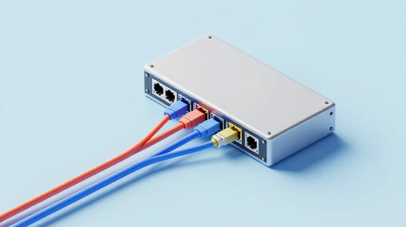Isometric 3D illustration showing a network module connecting different server rack systems.