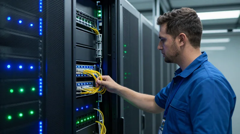 Professional technician managing fiber optic cabling in a modern data center aisle.