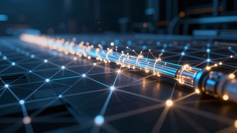 Abstract data visualization of high-speed light pulses traveling through a network of fiber optic cables.