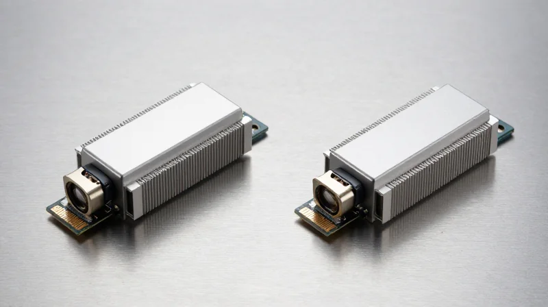 Side-by-side comparison of two high-performance optical transceiver modules on a clean metallic surface.