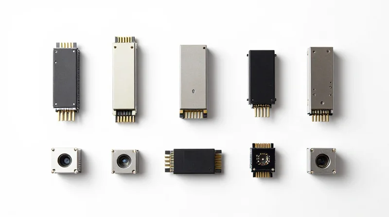 Flat lay photography of several optical transceiver modules neatly arranged in a professional grid pattern.