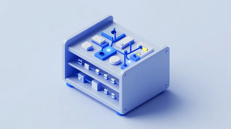 Isometric 3D illustration of a modular networking rack being assembled with custom components.