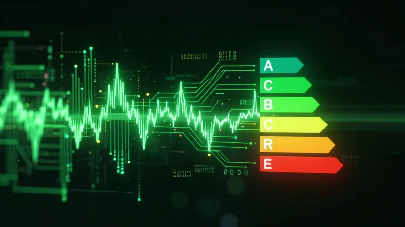 Abstract representation of energy efficiency in networking with a green glowing light pulse traveling through a circuit.
