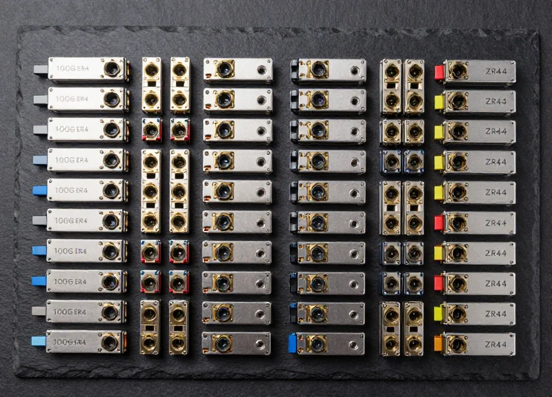 A professional flat lay of multiple 100G ER4 and ZR4 optical transceiver modules neatly arranged in rows on a sleek dark surface.