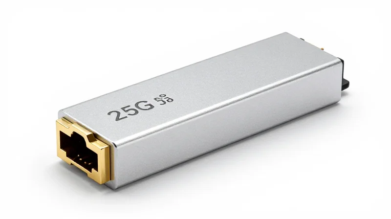 Technical Core: What Defines a 25G SFP28? Professional product shot of a sleek metallic 25G SFP28 transceiver module on a white background
