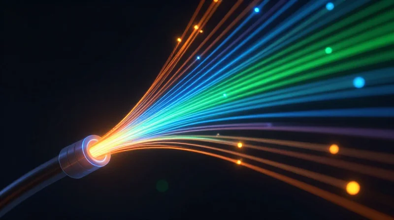 Wavelength Strategies: CWDM, DWDM, and LWDM Abstract visualization of multiple colorful light beams merging into a single optical fiber representing WDM technology