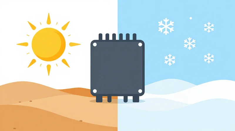 Industrial Temperature (I-Temp) vs. Commercial Temperature Flat vector illustration showing a network module operating reliably in extreme outdoor weather conditions of heat and cold