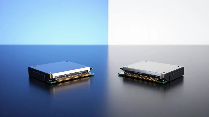 25G SFP28 vs. 10G SFP+: Bridging the Bandwidth Gap A side-by-side comparison of two high-speed optical transceiver modules on a dark reflective surface.