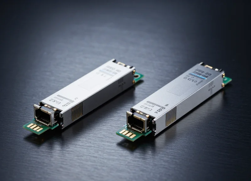 Two different types of high-speed optical transceivers for 5G networks placed side-by-side on a dark metallic surface with professional studio lighting.