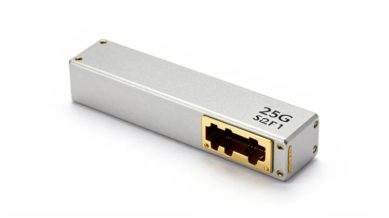 Professional macro shot of an industrial optical transceiver module on a white background.