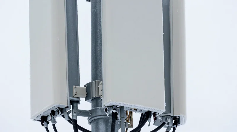 Close-up of networking hardware installed in a rugged outdoor environment.