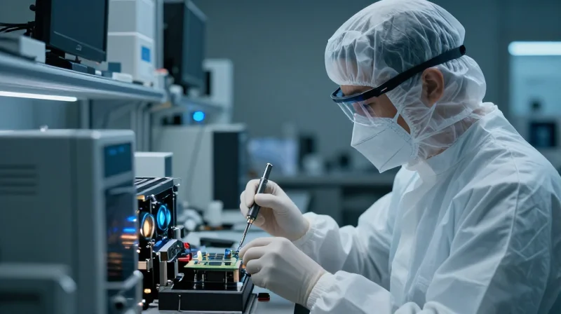 A technician performing quality assurance checks on optical hardware in a lab.