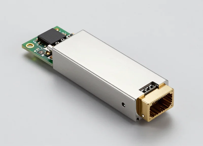 A high-quality 25G SFP28 transceiver module for 5G networks, featuring a sleek metallic finish and precision-engineered LC connectors on a clean studio background.