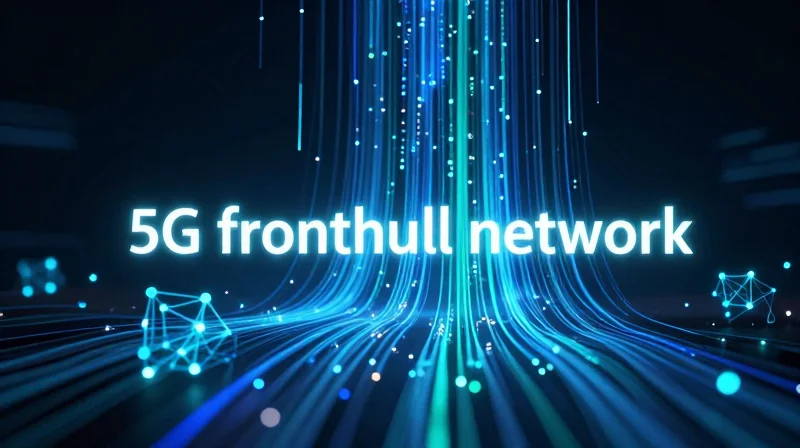 Abstract 5G network visualization showing fast-flowing data streams and fiber optic nodes.