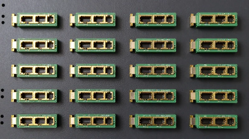 Flat lay of multiple SFP28 modules organized neatly on a technical surface.