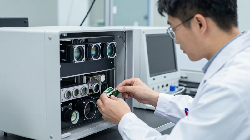 Professional technician testing optical modules in a high-tech laboratory.