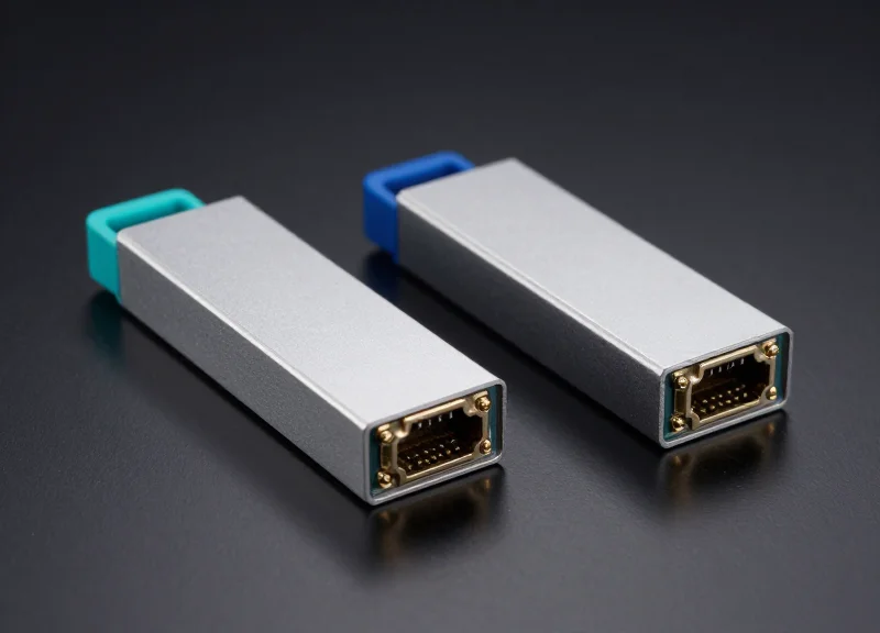 A side-by-side studio shot of two SFP+ optical transceivers, showcasing their metallic design and optical ports on a dark reflective surface.