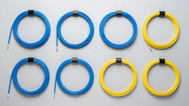 Fiber Optic Cabling Essentials: OM3/OM4 vs. OS2 Flat lay of different fiber optic cables including aqua OM4 and yellow OS2 cables.