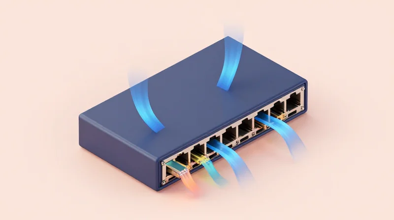 Power Consumption and Thermal Management in 10G Networks 3D isometric illustration of networking hardware showing thermal management concept.
