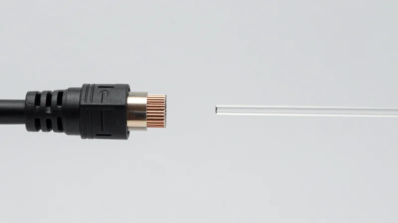 Distance and Media Constraints: Copper vs. Fiber Comparison of thick copper networking cable and thin fiber optic cable.