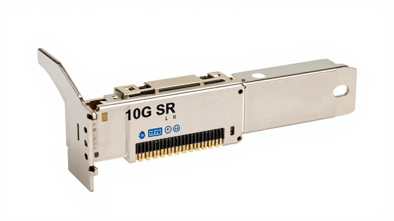 Close-up view of an SFP+ LR module highlighting the optical precision and metal casing.