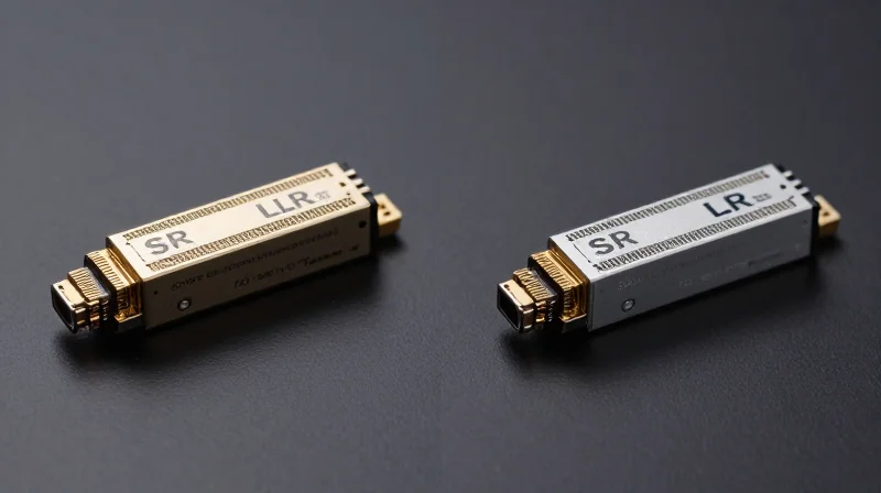 Side-by-side comparison of two SFP+ modules representing SR and LR types.
