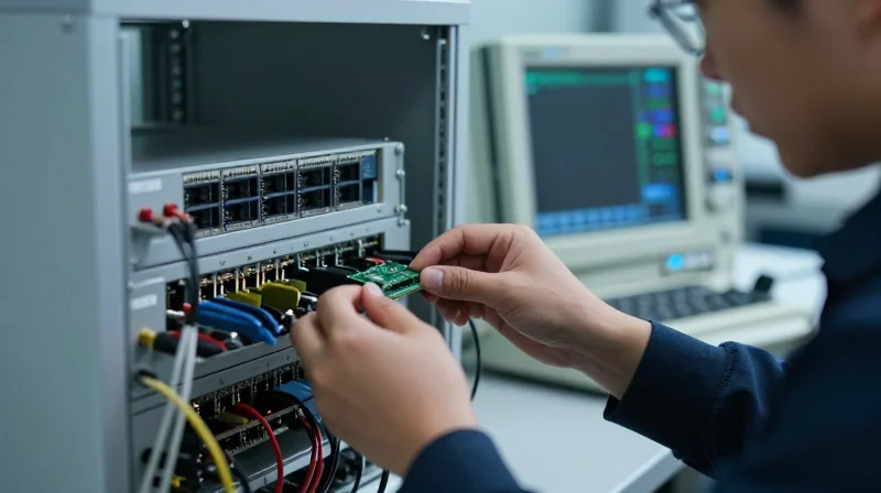 Quality testing of network modules in a laboratory environment with professional equipment.