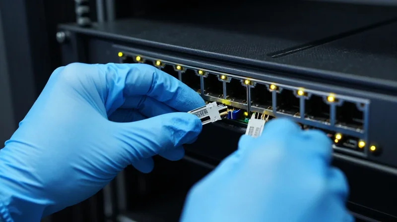 A technician in a lab setting testing SFP+ modules on a high-end network switch