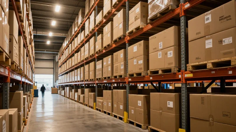 A high-tech warehouse showing organized shipping boxes of network equipment ready for international distribution