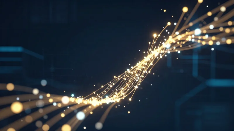 Abstract data visualization showing upward trending light trails representing cost savings and return on investment