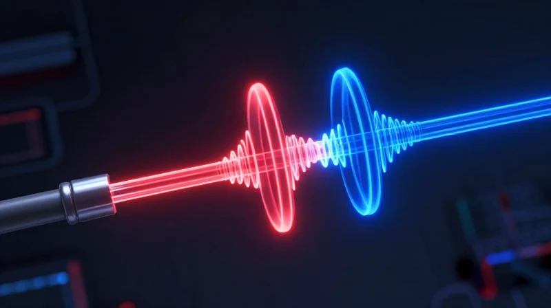 The Science of Wavelength Division Multiplexing (WDM) Abstract visualization of two different light wavelengths traveling through one fiber optic cable.