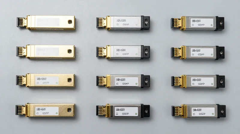 Common Form Factors and Speed Graduations A collection of various BIDI transceiver form factors arranged neatly.