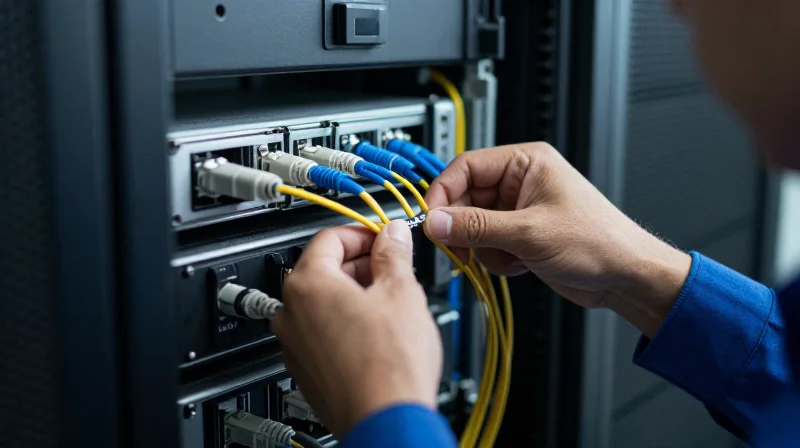 Real-World Applications: From FTTH to 5G Telecommunications technician installing fiber optic modules in a 5G equipment cabinet.