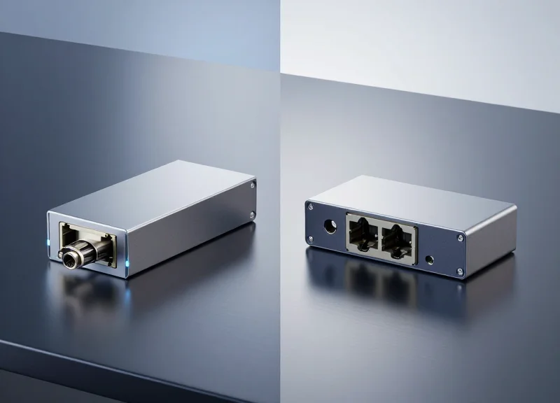 Two different fiber optic transceivers side-by-side on a dark reflective surface, one showing a single port for BIDI and one showing dual ports for standard duplex.