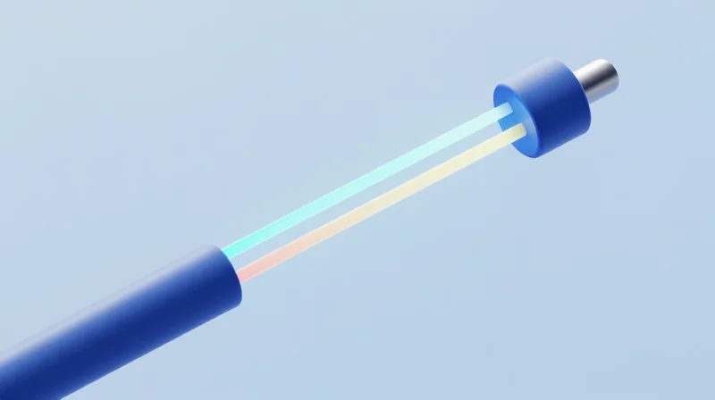 Isometric 3D illustration of a bidirectional fiber optic transmission system showing dual-wavelength light streams.
