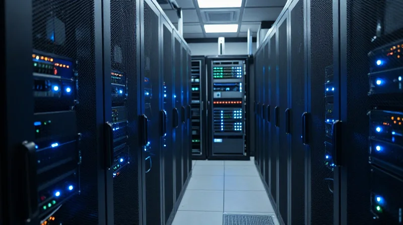 Cinematic view of a modern high-density data center with server racks and blue ambient lighting.