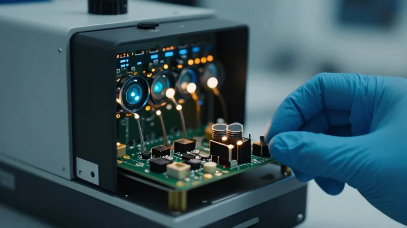 A professional laboratory setting showing automated optical testing equipment for transceivers.