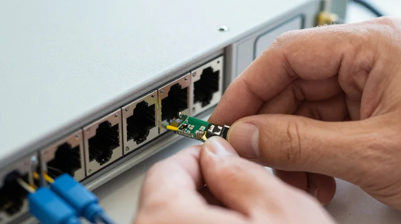 Detailed close-up of a hand inserting a BiDi transceiver into a network switch port.