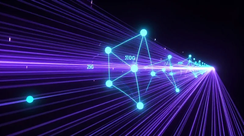Abstract data visualization of high-speed light trails representing future network scalability.
