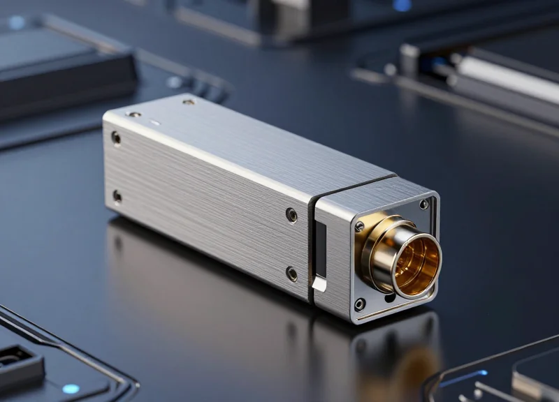 A close-up, high-quality commercial photograph of a professional SFP BIDI transceiver module for fiber optic networks, featuring a sleek metallic casing and intricate hardware details on a clean dark surface.