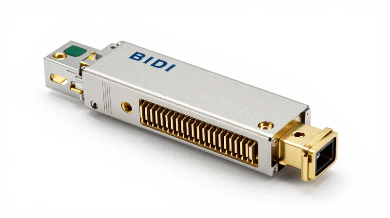 Professional studio close-up of a BIDI SFP optical transceiver module on a white background.