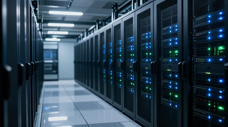 Cinematic shot of a modern high-density data center server room with rows of blinking equipment.