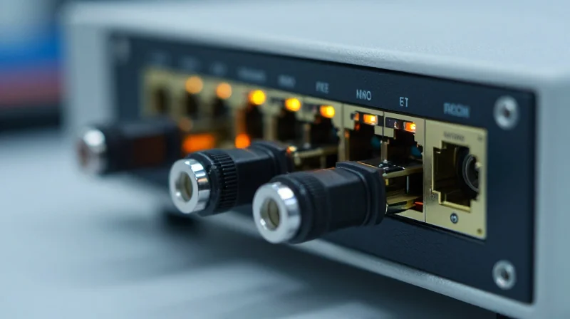 Close-up of a technical testing procedure for optical transceivers in a laboratory environment.