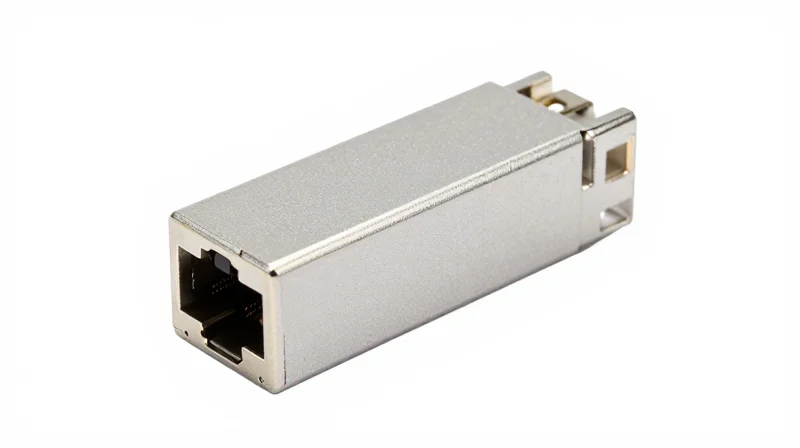 Understanding the SFP+ to RJ45 Copper Transceiver A close-up studio shot of a 10GBASE-T SFP+ to RJ45 transceiver module with a metallic finish.