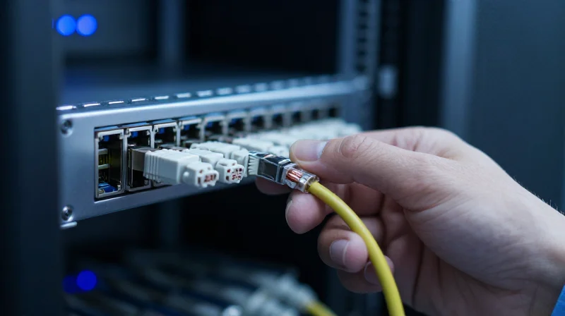 Ideal Use Cases for RJ45 SFP+ Modules A technician installing a copper ethernet cable into a server rack switch port.